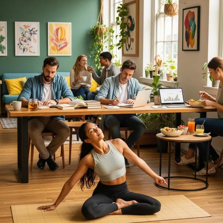 Diverse individuals engaging in wellness activities and personal success pursuits