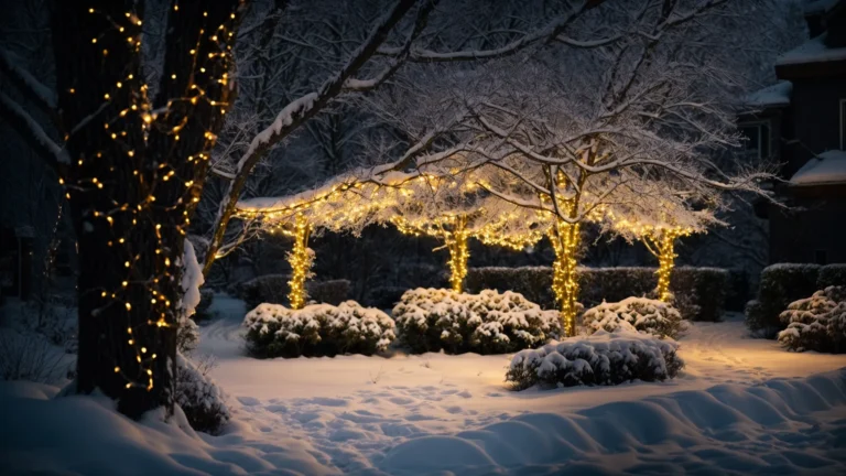 twinkling led garlands drape elegantly over the bushes and trees in a snowy yard, casting a warm glow on a crisp winter night.
