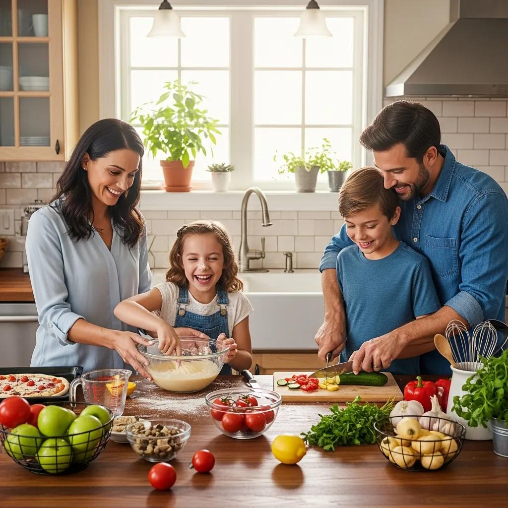 Family cooking together, enhancing bonds and creating memories in a warm kitchen