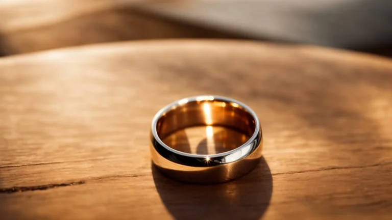 two wedding bands rest atop a polished wooden surface, with soft sunlight casting a warm glow on them.