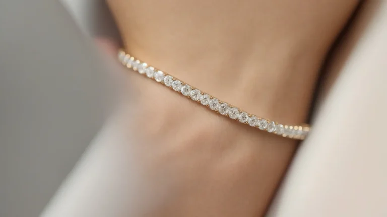 a slender wrist adorned with a shimmering 14k lab-grown diamond tennis bracelet catches the light beautifully.