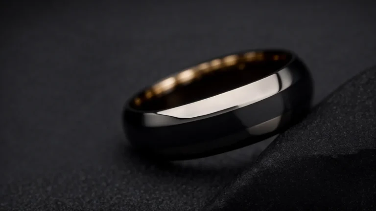 a close-up of a stylish men's tungsten carbide wedding ring resting on a sleek, dark surface, reflecting a subtle, elegant light.