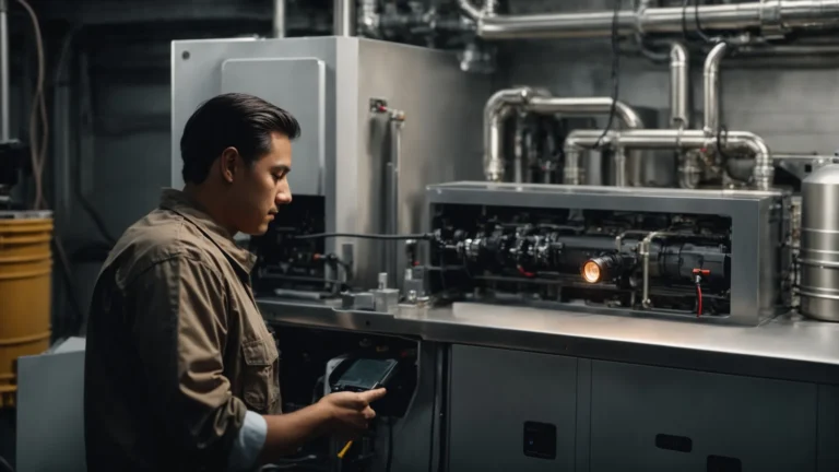 a professional technician is carefully examining a modern furnace with a flashlight in a clean, well-maintained utility room.