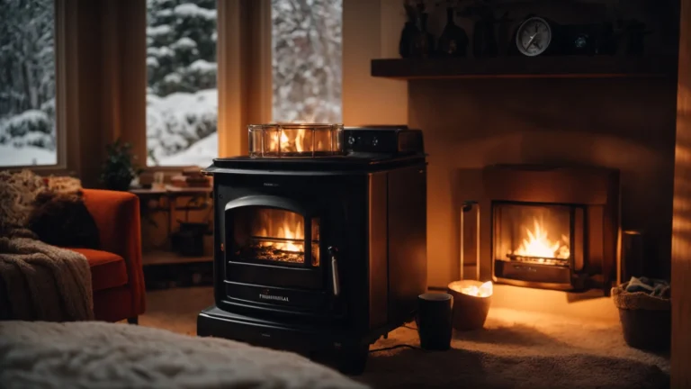 a furnace quietly operates in the background of a cozy, warmly lit living room on a snowy evening.
