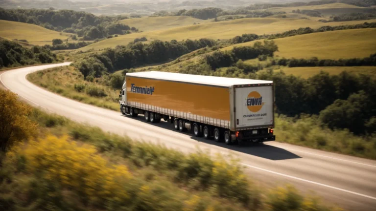 a truck emblazoned with a moving company's logo cruises down a sunny highway, with a picturesque landscape in the backdrop.
