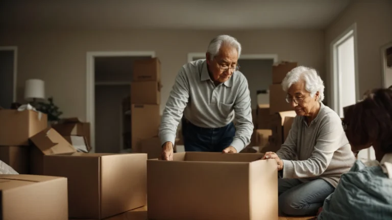 a senior couple packing belongings into cardboard boxes in their living room.