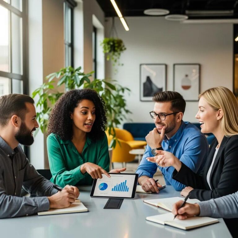 Diverse professionals collaborating in a modern office, representing strategic career planning and development