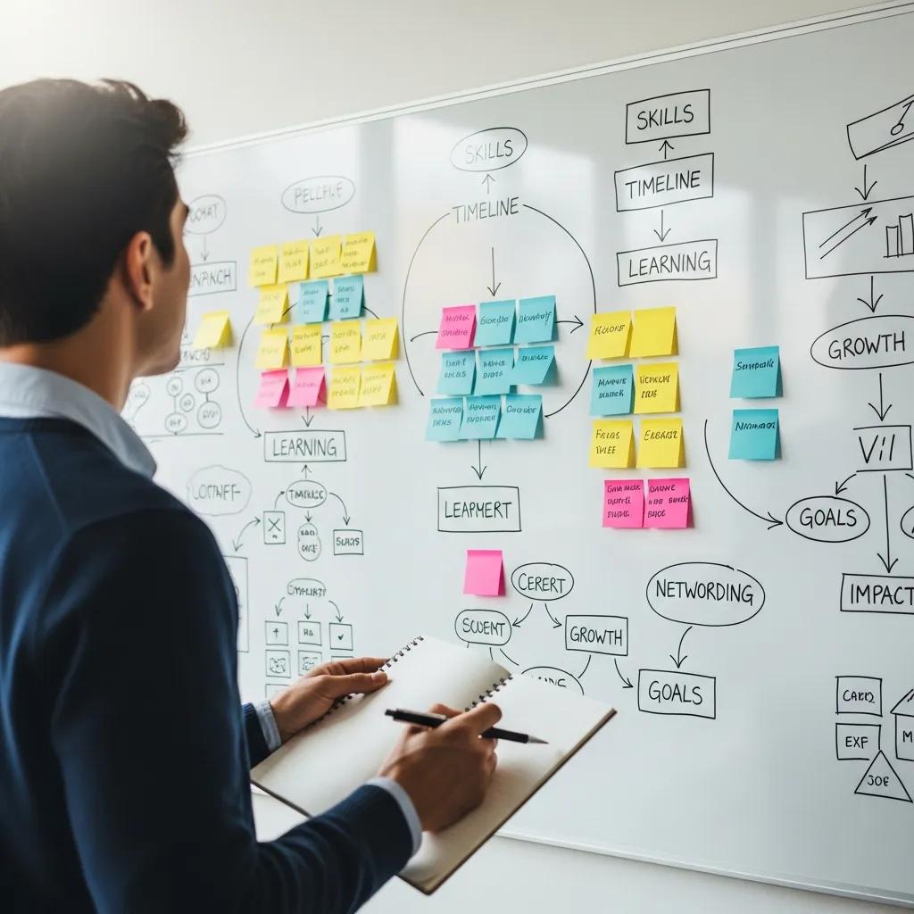 Individual brainstorming career goals on a whiteboard with sticky notes, illustrating effective goal-setting techniques