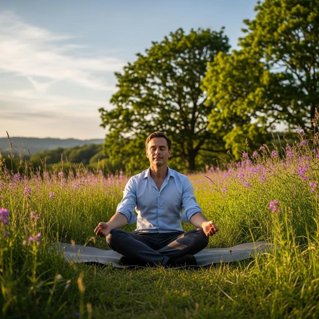 Professional practicing mindfulness outdoors, emphasizing the integration of wellness in career development