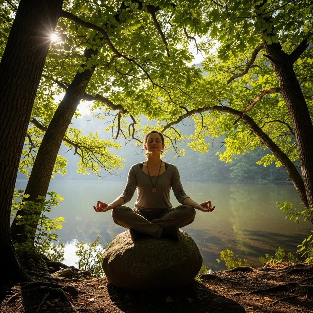 Individual practicing visualization techniques in a tranquil outdoor setting